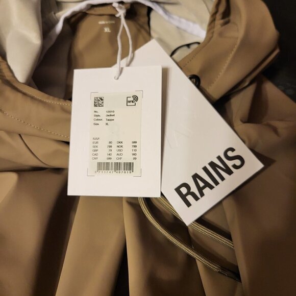 NWT Rains Unisex  Waterproof Jacket Size Color Taupe Size XL - Picture 11 of 11